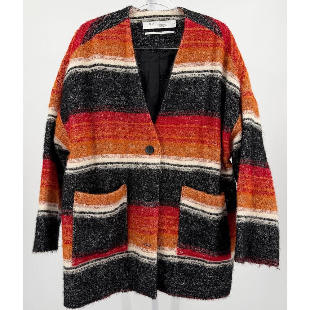 IRO Beverly Stripe Wool Blend Oversized Blanket Coat Jacket Red Multi 36 Small